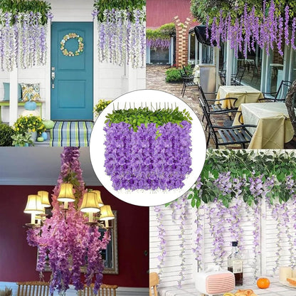 14PCS Artificial Wisteria Hanging Flowers, Six Leaf Blue Garland Silk Flowers Decoration, 43 Feet Fake Wisteria Vine Rattan String for Home Office Wedding Wall Garden Outdoor Party