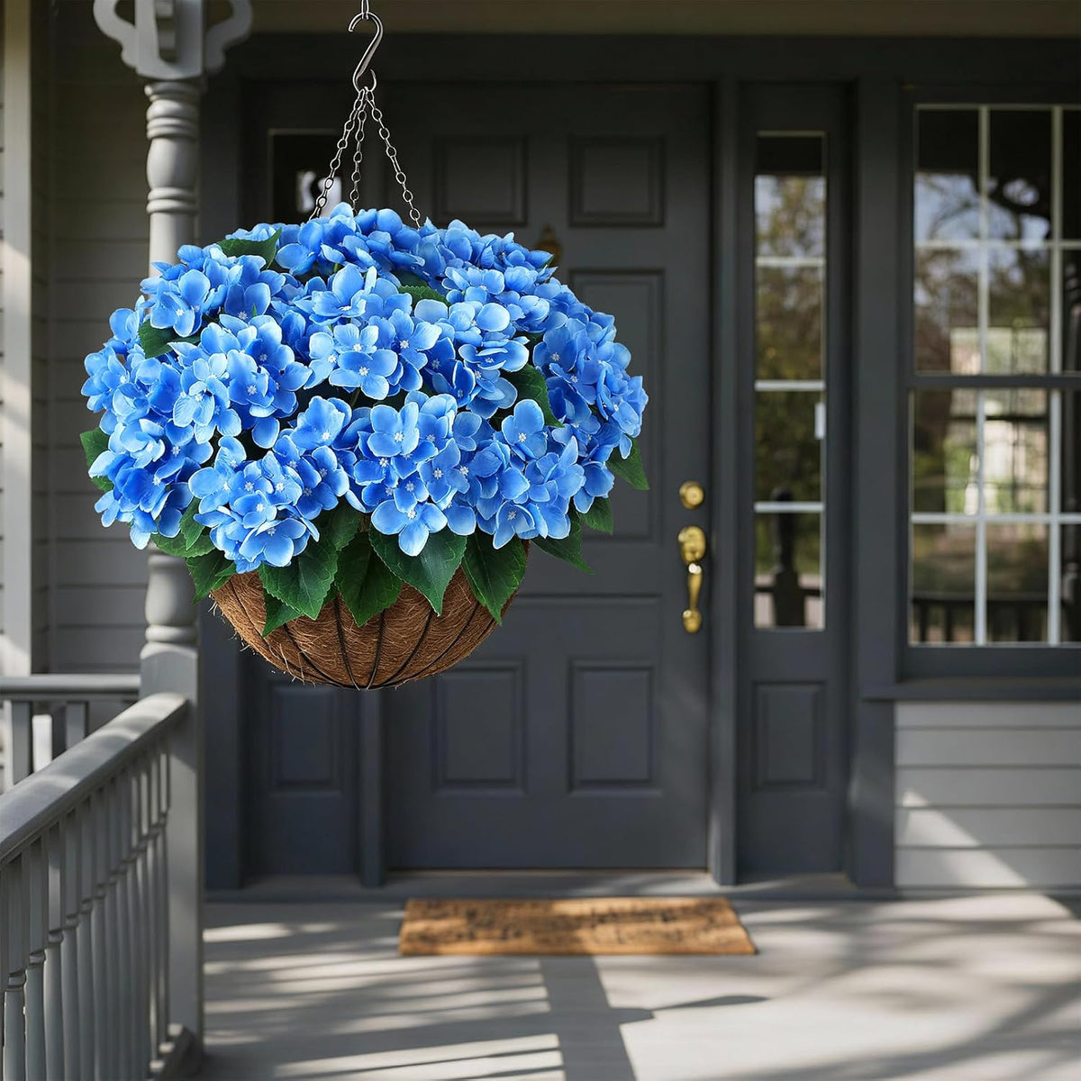 Artificial Hydrangea Flowers for Outdoor Decor, Realistic Faux Silk Bouquets Sun-Resistant Fake Plants for Front Door Balcony Farmhouse Garden Home Spring Summer Decor (Blue)