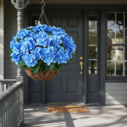 Artificial Hydrangea Flowers for Outdoor Decor, Realistic Faux Silk Bouquets Sun-Resistant Fake Plants for Front Door Balcony Farmhouse Garden Home Spring Summer Decor (Blue)