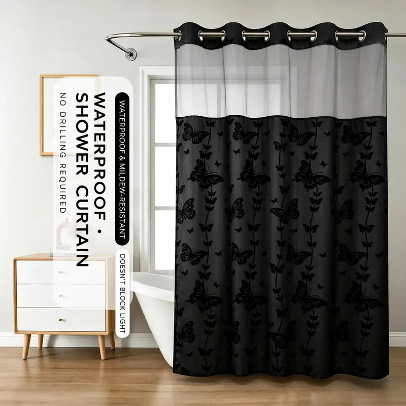Hook-Free Double-Layer Butterfly Flocked Shower Curtain with Mesh Top Window, 71 x 74 in