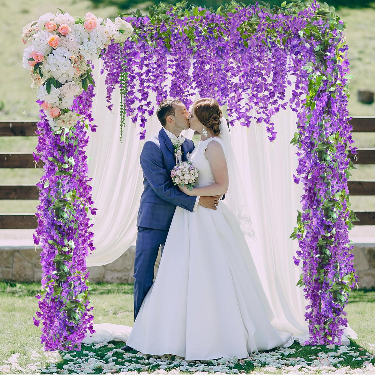 Sggvecsy 6Pcs Wisteria Garland Artificial Flowers Garland Fake Hanging Wisteria Vines Rattan Silk Hanging Flower Vines for Home Garden Outdoor Wedding Arch Party Ceremony Total 35.4Ft (Purple)
