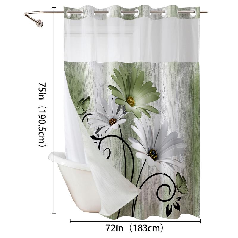 Double-Layer Daisy Printed Shower Curtain - Hookless Waterproof Fabric for Bathroom