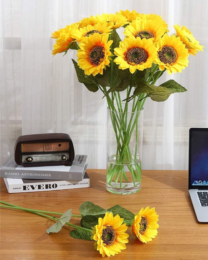 Laelfe Artificial Sunflower Flowers Long Stem Silk Fake Large Sunflowers Decoration for Outdoor Home Wedding Baby Shower Birthday Party Single Bulk Yellow Decor 6PCS (Dark Center)