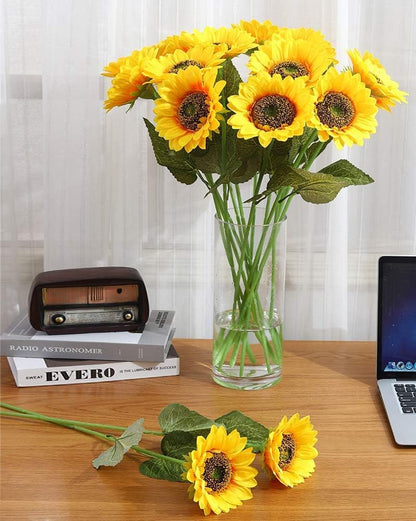 Laelfe Artificial Sunflower Flowers Long Stem Silk Fake Large Sunflowers Decoration for Outdoor Home Wedding Baby Shower Birthday Party Single Bulk Yellow Decor 6PCS (Dark Center)