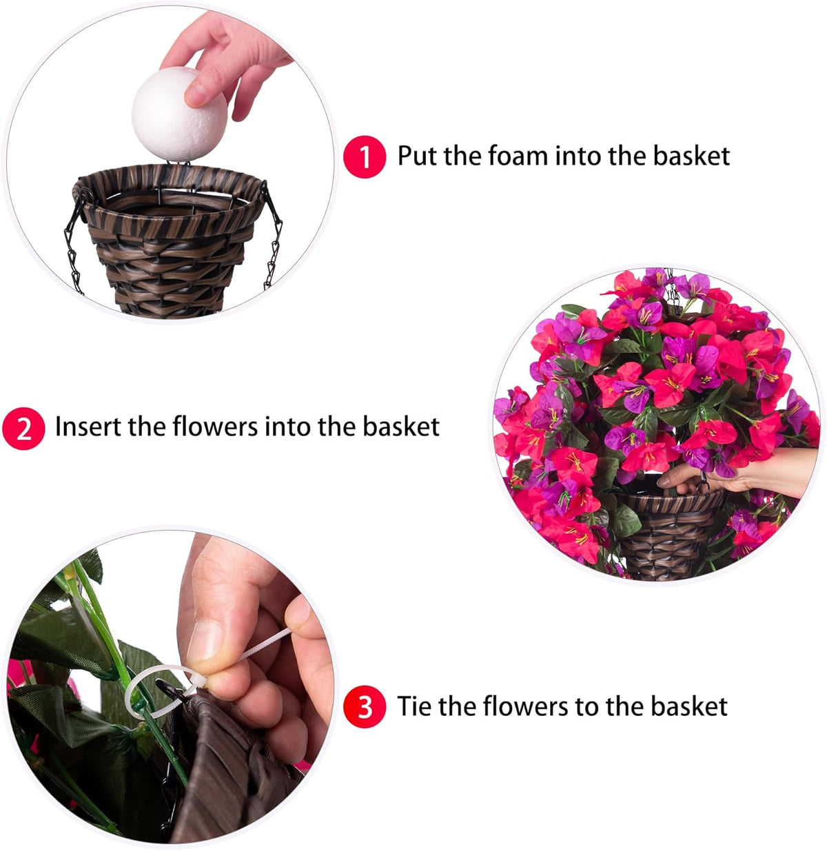 Artificial Bougainvillea Faux Flowers Plants Baskets for Outdoor Outside Decoration, 3PCS Fake Silk Flowers Long Trailing Vines UV Resistant Realistic for Front Door Porch Patio (PurpleHotpink)
