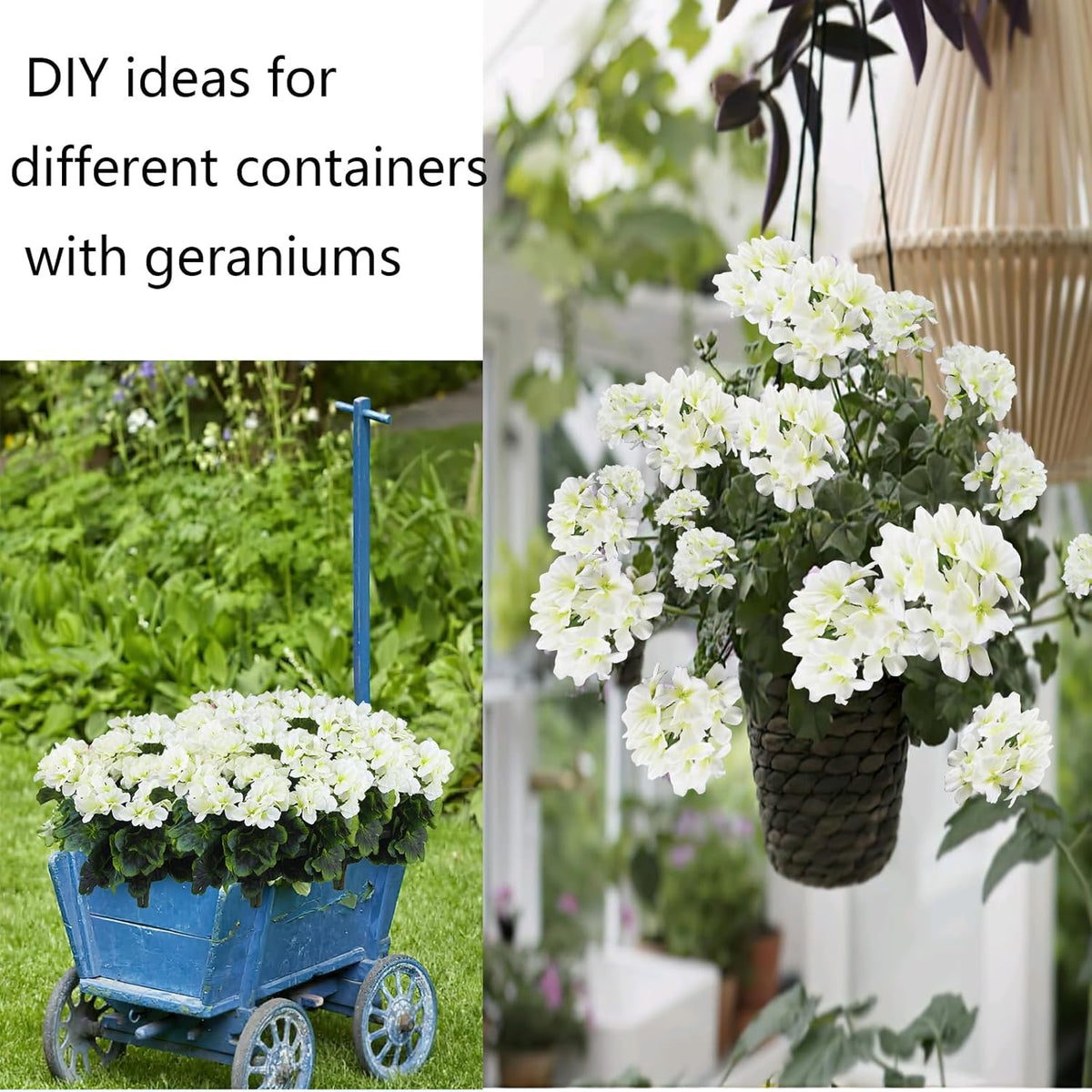 2 Pcs White Artificial Geranium Bush Faux Flowers Geraniums Branch for Garden Patio Grave Cemetery Vase Table Centerpiece Indoor Decor
