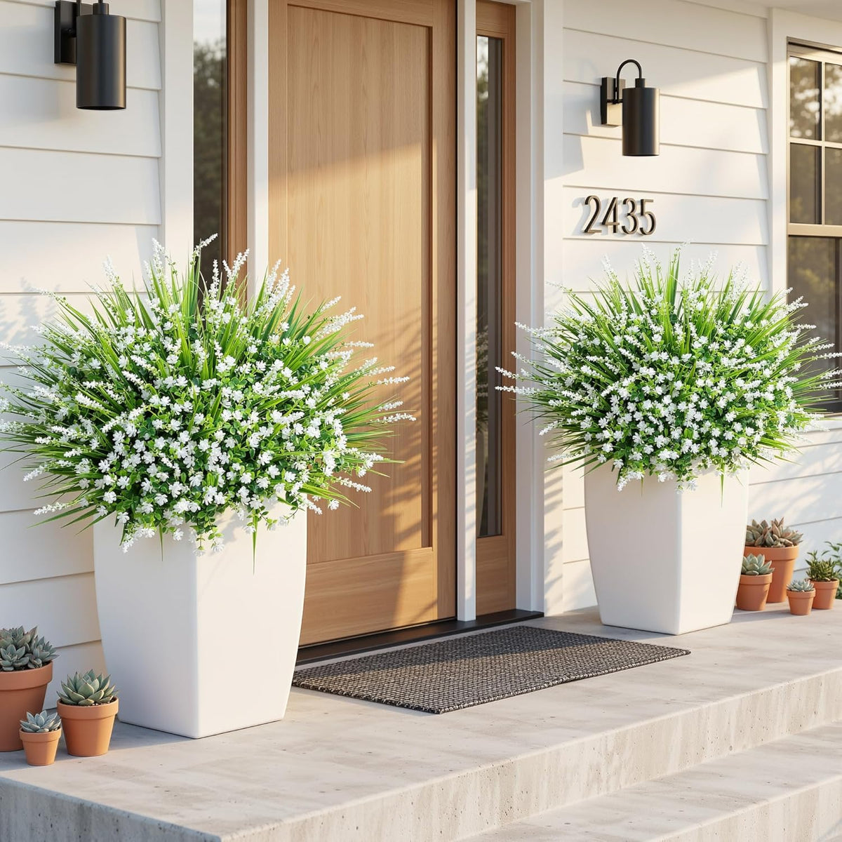 Artificial Fake Outdoor Plants Flowers for Spring Decoration, UV Resistant Realistic White Plastic Flowers Faux Plant Monkey Grass for Planter Home Garden Porch Patio Window Box