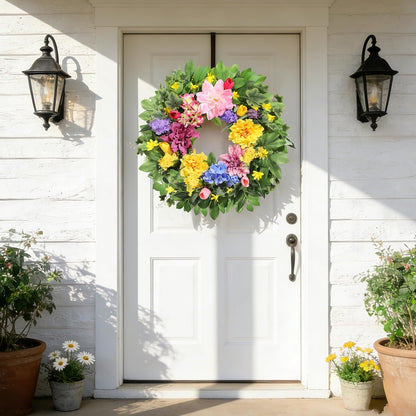 Spring Wreaths for Front Door, 24 Inch Greenery Front Door Wreath with Peonies Dahlias Hydrangeas, Artificial Home Decorations for Indoor Outdoor Window Wall, Outside Floral Wreath Decor for Home Porch
