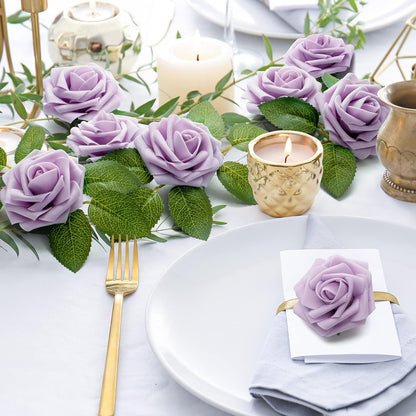 Mocoosy 50Pcs Rose Artificial Flowers, Lavender Fake Roses for Decorations, Purple Foam Fake Flowers with Stem for DIY Wedding Bouquet Bridal Shower Mother's Day Floral Arrangement Party Home Decor