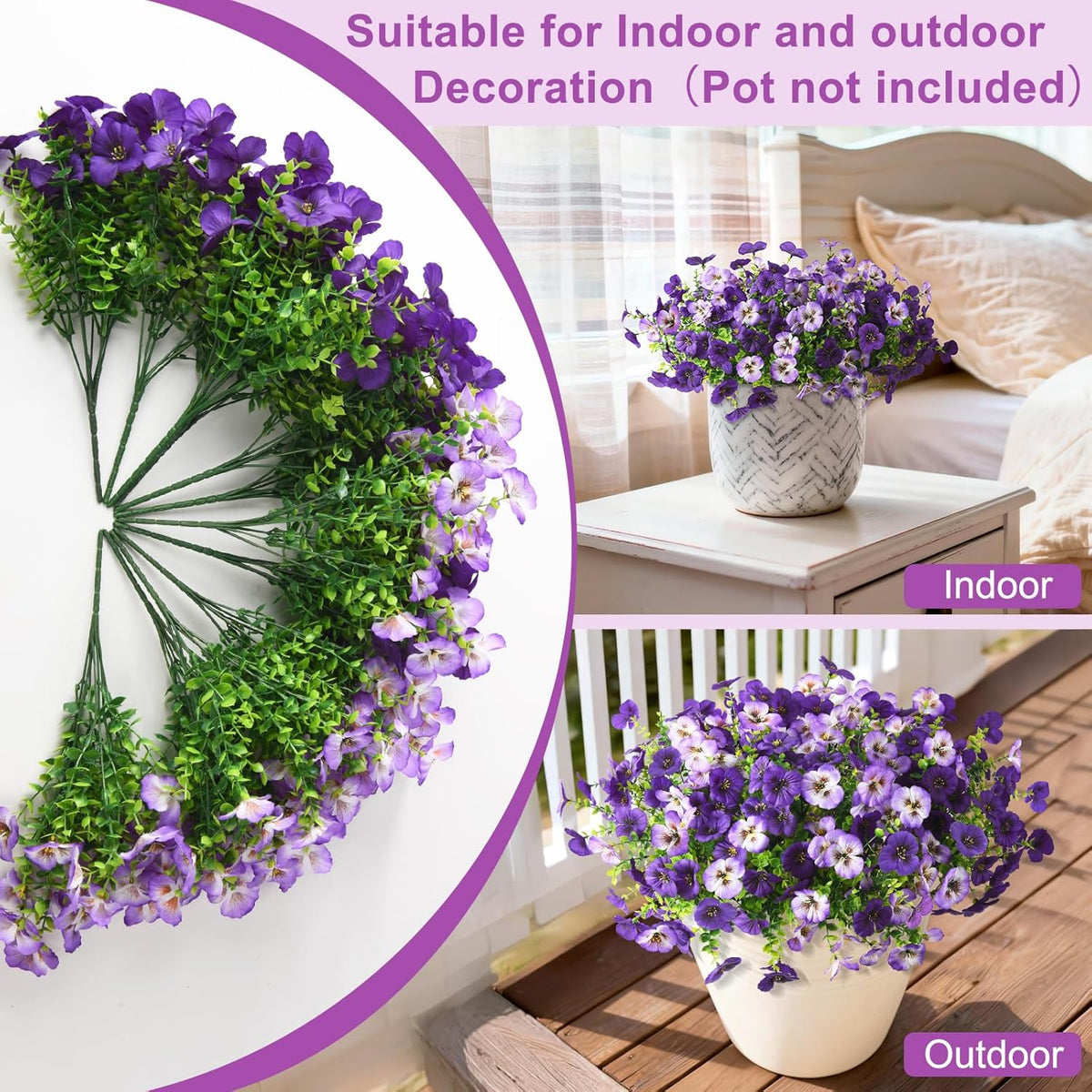 INQCMY Artificial Fake Pansy Flowers for Outdoor, 12 Pcs Faux Silk Pansies Flower for Spring Summer Decoration, UV Resistant Fake Plants for Outside Planter Porch Yard Patio Home Decor(Double Purple)