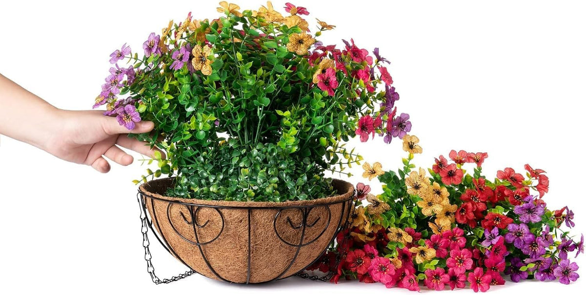 HyeFlora 2 Set Artificial Outdoor Flowers Hanging Basket, Faux Hanging Plants for Outside Spring Decoration, Fake Silk UV Resistant Look Real Daisy for Porch Patio Home Decor