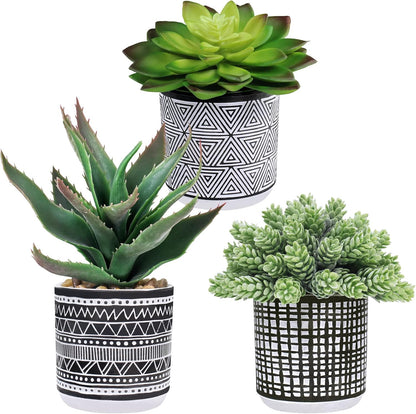Winlyn Set of 3 Assorted Small Potted Succulents Arrangement Artificial Succulent Plants in Black and White Geometric Pots for Table Centerpiece Windowsill Shelf Indoor Outdoor Garden Greenery Decor