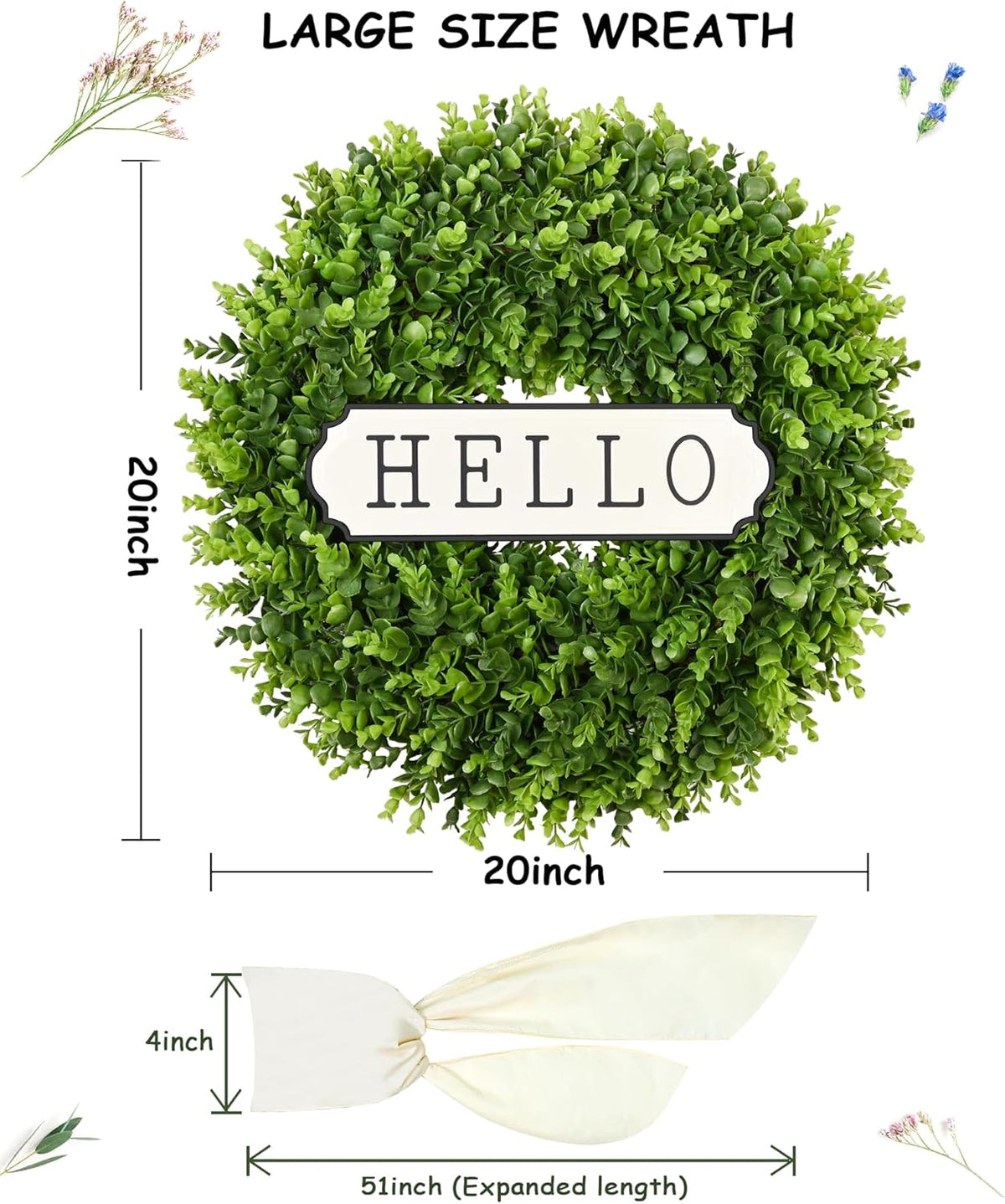 DDHS 20" Boxwood Wreaths Front Door Artificial Spring Wreath. Wreaths for Front Door Farmhouse Wedding Green Year Round Indoor Outdoor for Summer Wreath St Patricks Day Decorations -(Hello Sign)