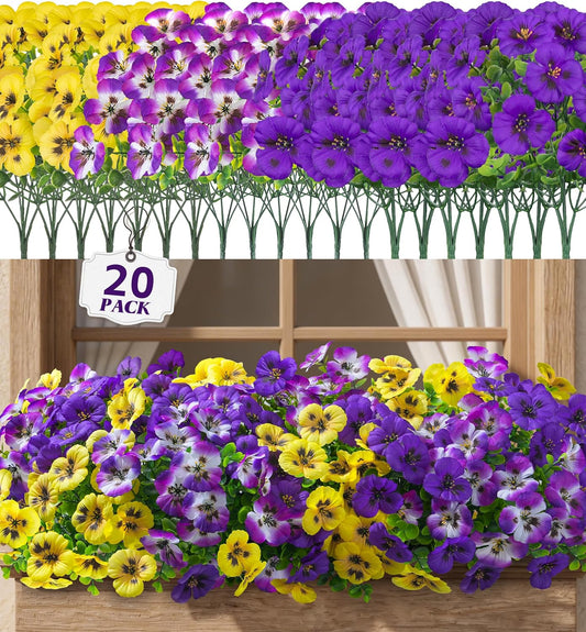 Ivydale 20 Pcs Artificial Fake Pansy Flowers for Outdoors Spring Decor, Faux Silk Pansies UV Resistant Plants for Front Door Porch Yard Patio Window Box Home Decor (Purple Yellow Gradient Purple)