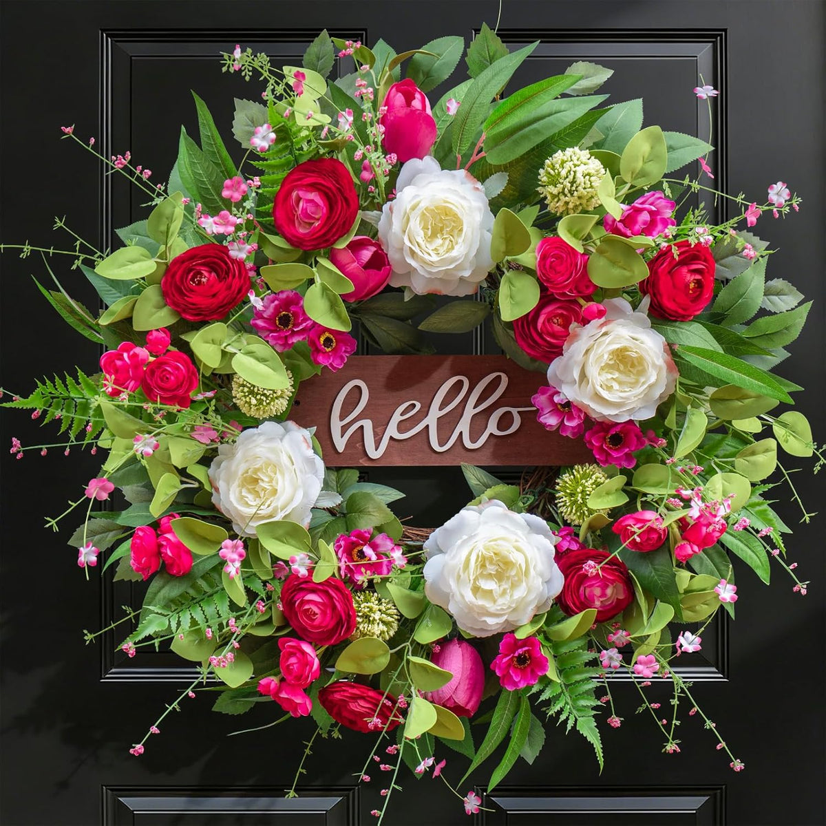 24 Inch Spring Summer Wreath with Pink Peony, Tulip, White Rose and Hello Wooden Sign