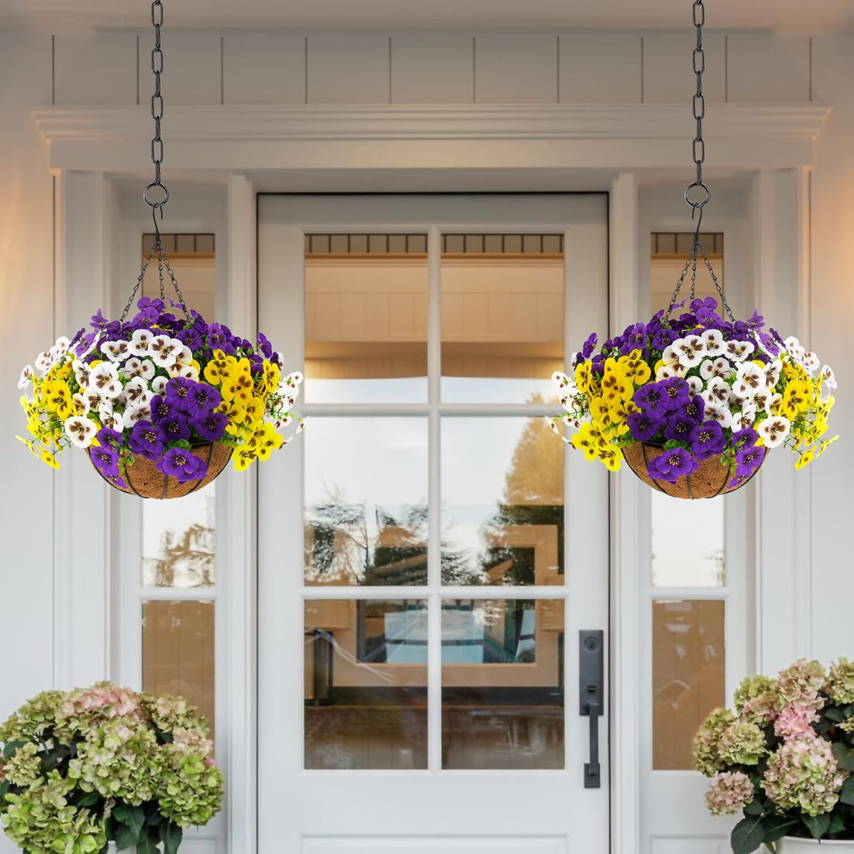 lovemoon 2 Sets Artificial Hanging Pansy Flowers with Baskets, 24 Pcs UV Resistant Faux Silk Pansy Outdoor Hanging Flower for Porch Patio Garden Home Spring Decor (2, White, Yellow, Purple)
