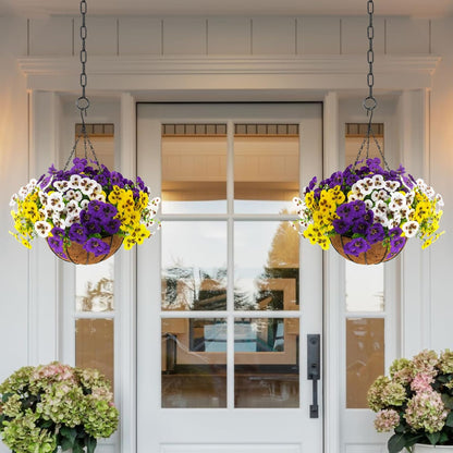 lovemoon 2 Sets Artificial Hanging Pansy Flowers with Baskets, 24 Pcs UV Resistant Faux Silk Pansy Outdoor Hanging Flower for Porch Patio Garden Home Spring Decor (2, White, Yellow, Purple)