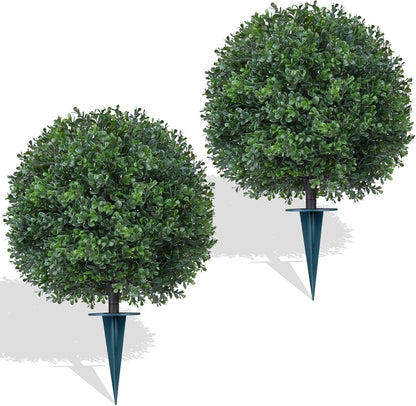 2Pcs Artificial Boxwood Topiary Ball Tree, UV Resistant Artificial Outdoor Shrubs with Spike, Decorative Evergreen Fake Topiary Bushes Plant for Front Porch Garden