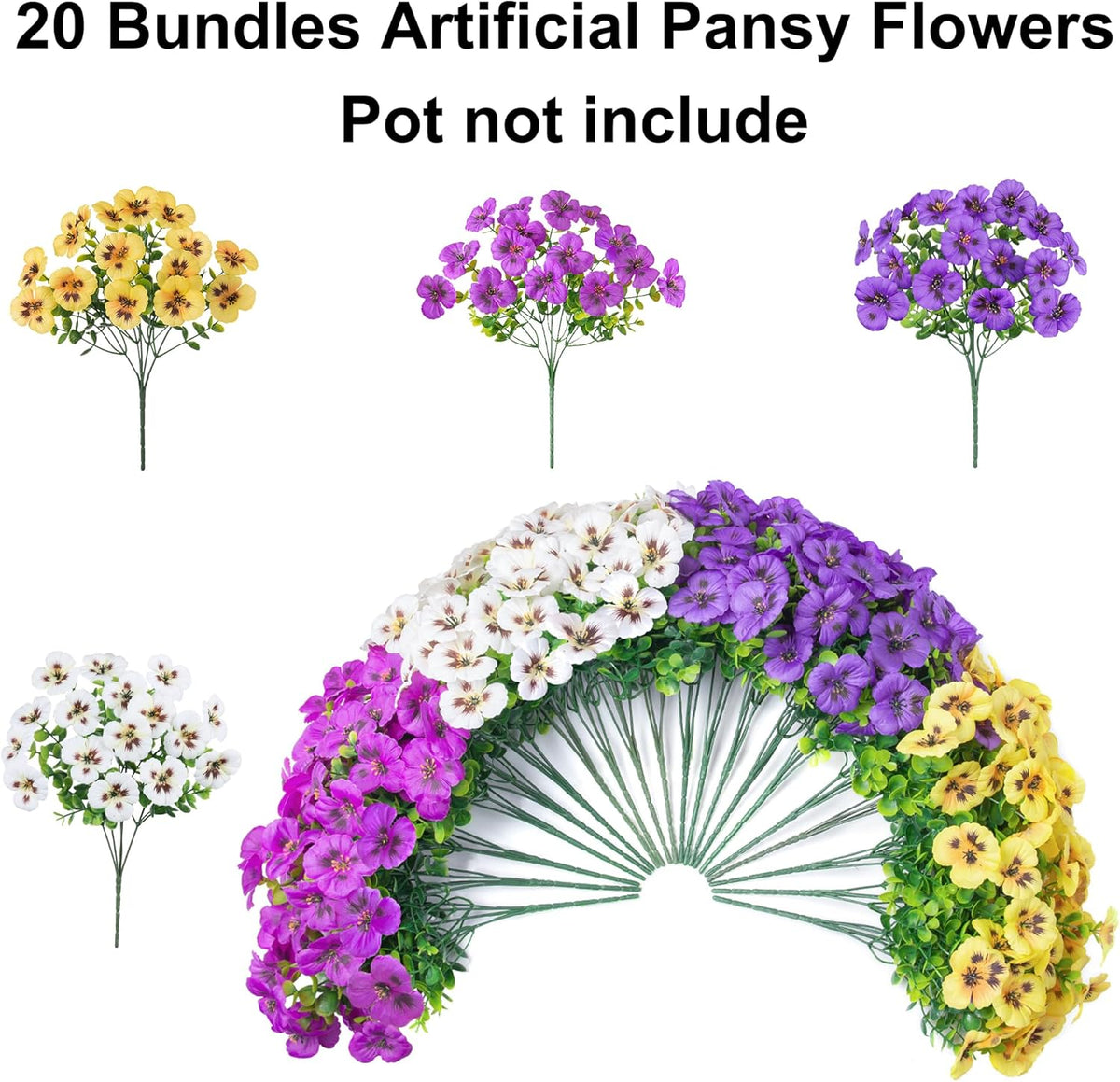 Ivydale 20PCS Fake Artificial Pansy Flowers for Outdoors Spring Decor, Faux Silk Pansies UV Resistant Plants for Front Door Porch Yard Patio Window Box Home Decor (Fuchsia Purple Yellow White)