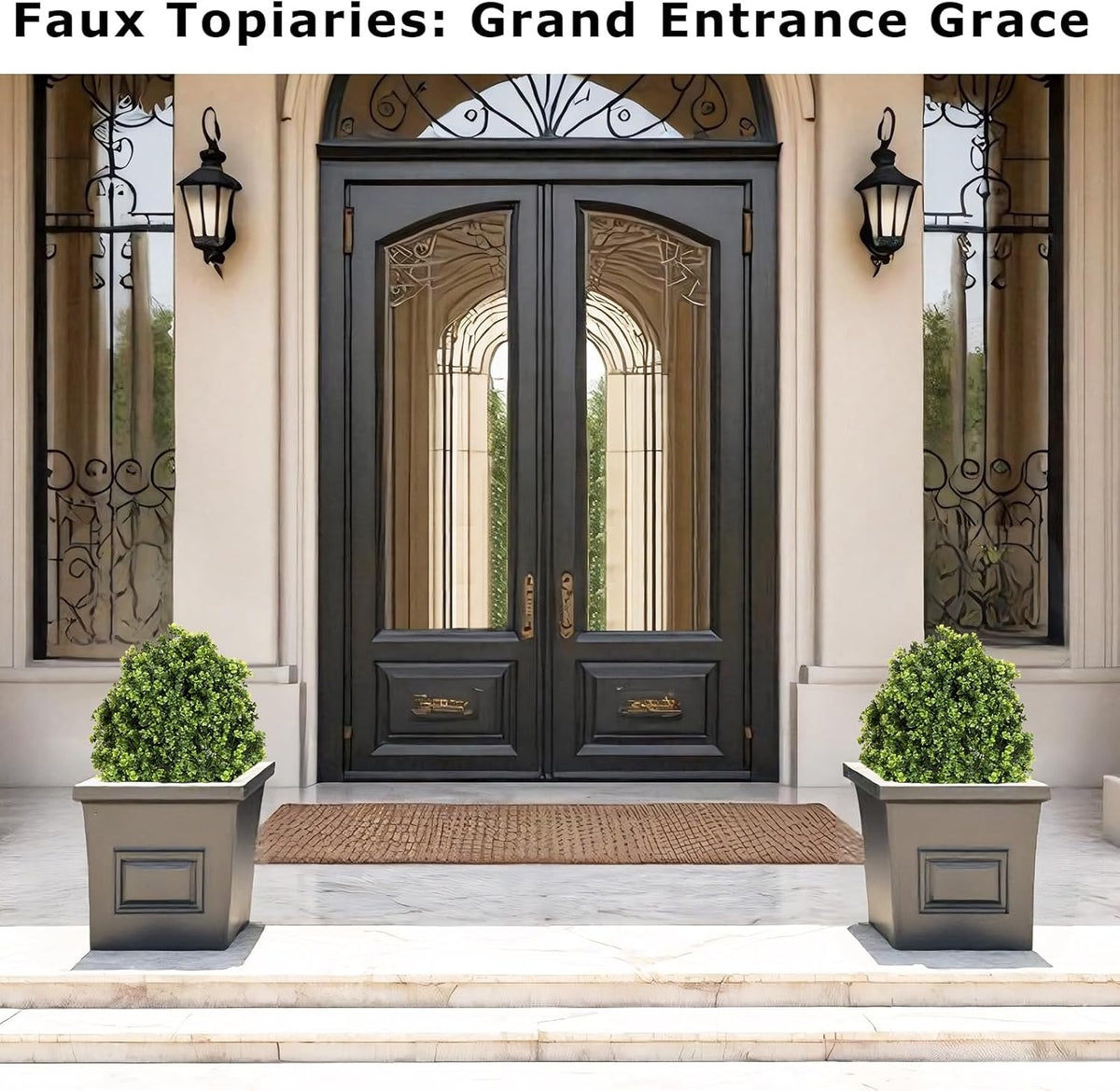 27“ Realistic Artificial Boxwood Topiary Trees Set of 2, Faux Boxwood Plants Outdoor UV-Resistant, No Maintenance Curb Appeal Fake Evergreen Bushes & Shrubs for Front Porch Outside Planter Decor