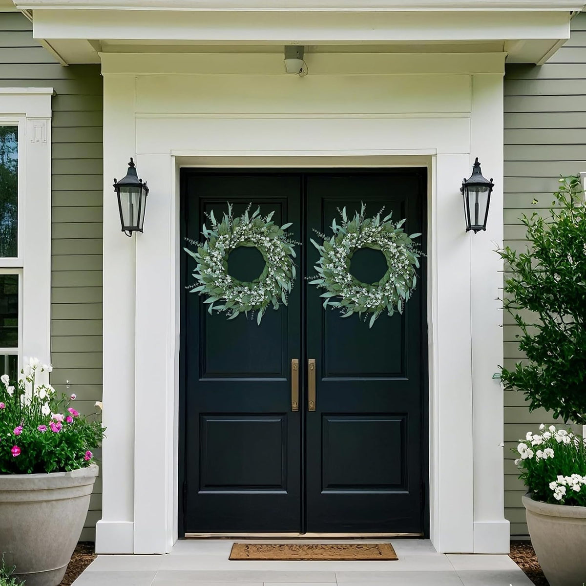 26" Eucalyptus and Babys Breath Flowers Wreath for Front Door - Large Artificial Greenery Outdoor Wreath for Porch, Window, Farmhouse, Home, Hanging Decor- Spring, Summer, All Seasons (Green-White)