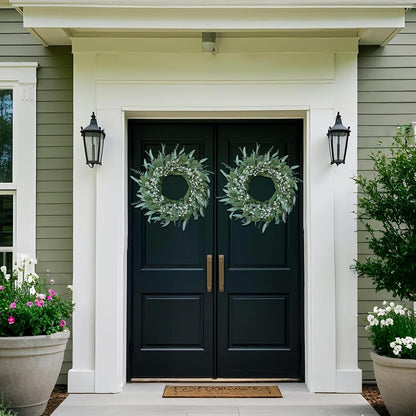 26" Eucalyptus and Babys Breath Flowers Wreath for Front Door - Large Artificial Greenery Outdoor Wreath for Porch, Window, Farmhouse, Home, Hanging Decor- Spring, Summer, All Seasons (Green-White)