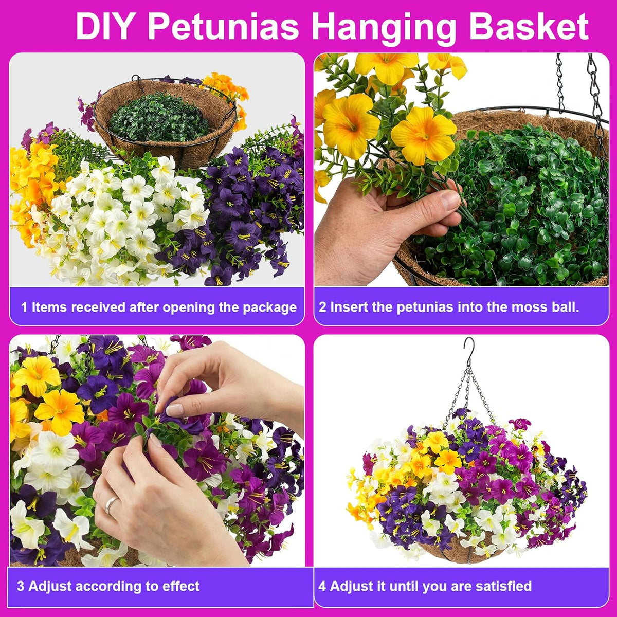 2 Set Artificial Outdoor Flowers with Hanging Baskets, 24 Pcs UV Resistant Faux Petunia Flowers with Hanging Planter for Front Door Porch Spring Outside Decor (2, White, Yellow, Purple, RedViolet)