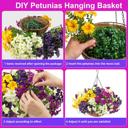2 Set Artificial Outdoor Flowers with Hanging Baskets, 24 Pcs UV Resistant Faux Petunia Flowers with Hanging Planter for Front Door Porch Spring Outside Decor (2, White, Yellow, Purple, RedViolet)