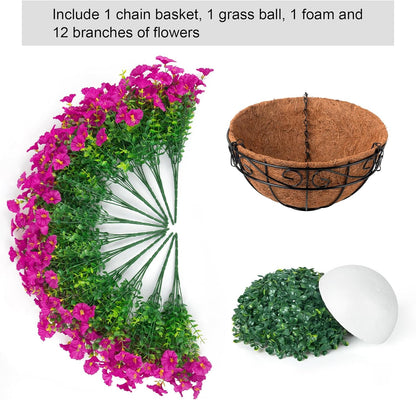 Ouddy Decor Artificial Hanging Plants Flowers Basket for Spring Summer Outdoor Decor, Fake Hanging Flowers Faux Silk Morning Glory UV Resistant for Patio Yard Porch Garden Home Decorations, Fuchsia