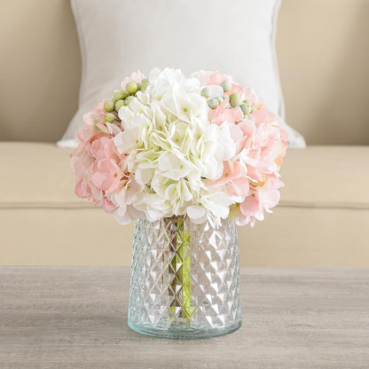 Hydrangeas Floral Arrangement in Glass Vase, Fake Flowers Silk Hydrangea Artificial Flowers with Vase for Home Office Decoration, Dining Table Centerpiece(Pink)