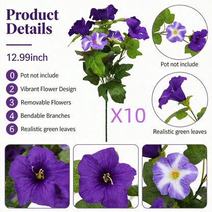 10 Pcs Realistic Outdoor Artificial Petunias | UV-Resistant Silk Faux Flowers | Lifelike Porch Decor in Purple & White