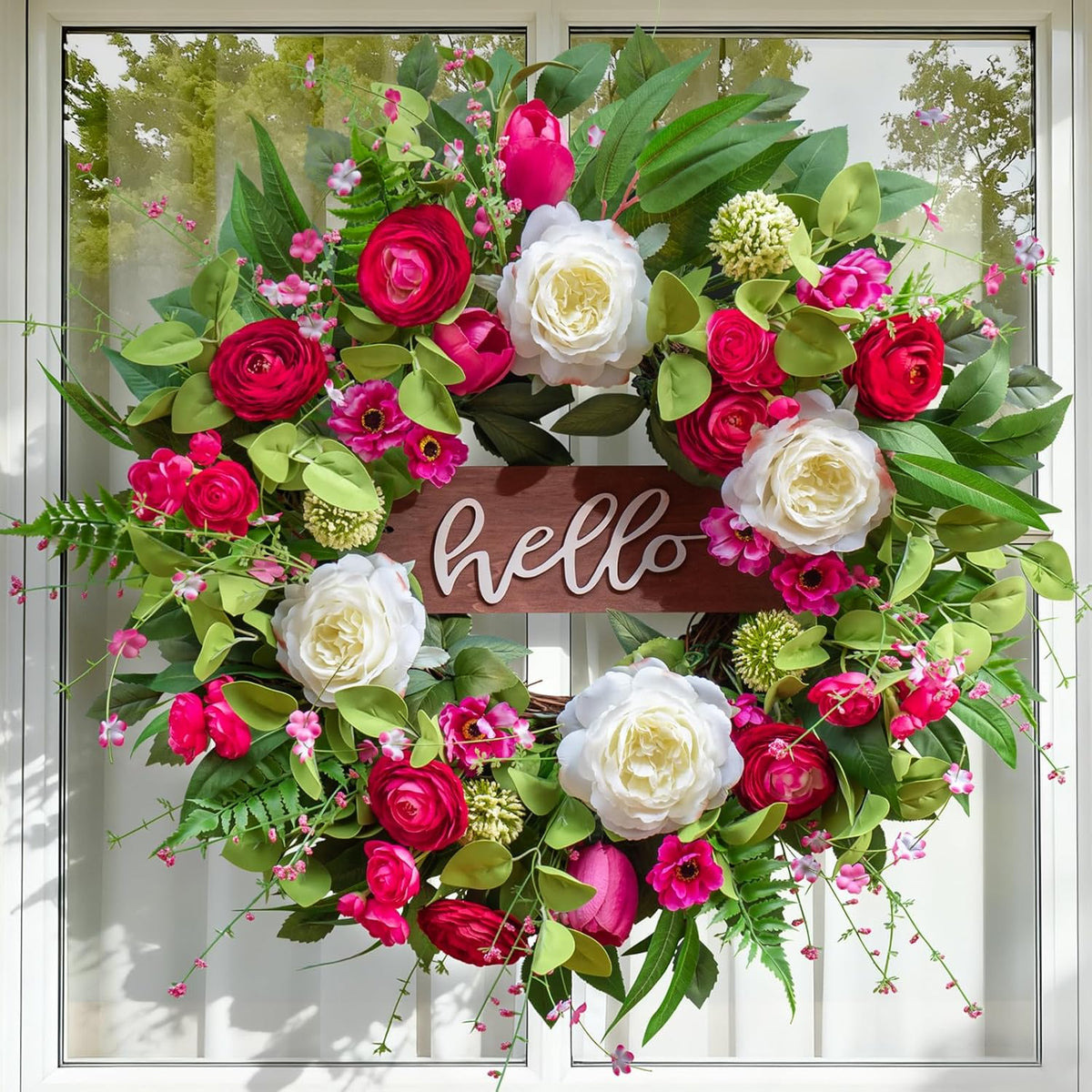 24 Inch Spring Summer Wreath with Pink Peony, Tulip, White Rose and Hello Wooden Sign
