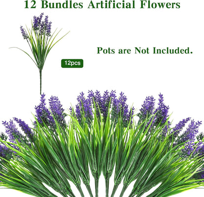 Outdoor Artificial Flowers UV Resistant 12 Pcs Fake Monkey Grass with Flowers Faux Plants for Garden Porch Window Patio Planter Pathway