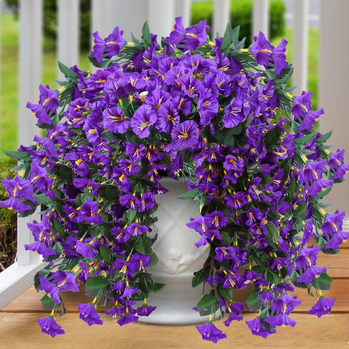 Artificial Fake Hanging Flowers Plants for Outdoor Outside Spring Summer Decoration 2PCS Faux Silk UV Resistant Realistic Morning Glory Trailing Vines for Home Porch Patio Balcony(Purple)