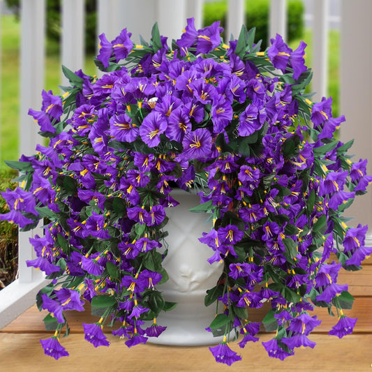 Artificial Fake Hanging Flowers Plants for Outdoor Outside Spring Summer Decoration 2PCS Faux Silk UV Resistant Realistic Morning Glory Trailing Vines for Home Porch Patio Balcony(Purple)