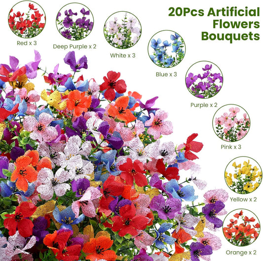 SHareconn 20 Bundles Artificial Flowers Outdoors Decoration, Fake Silk mums Eucalyptus Realistic UV Resistant Faux Plants for Outside Indoor Planter Porch Yard Home Spring Decor, Mix 8 Colors