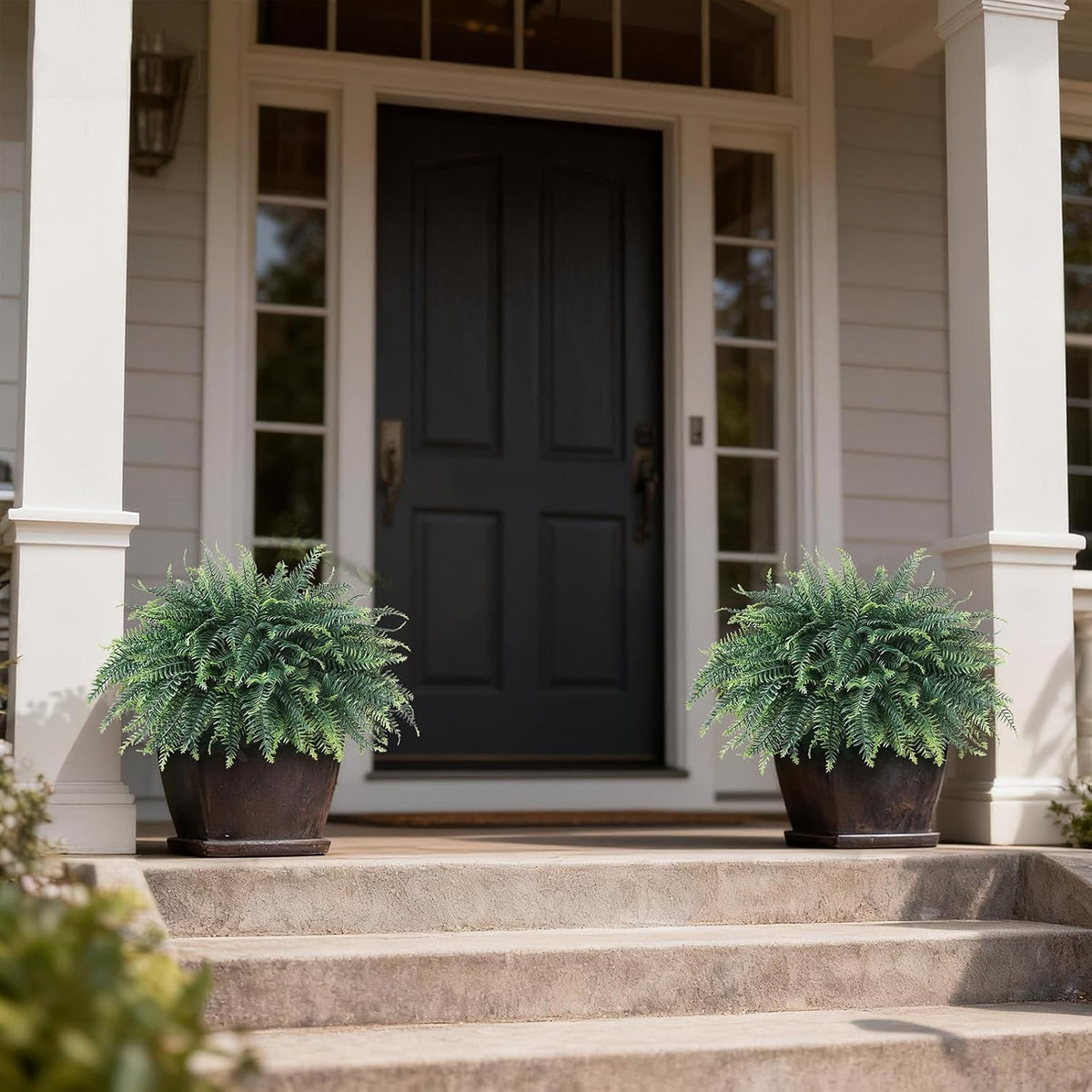 FOTEEWL Artificial Ferns Potted Plant for Front Door Decoration - 2 Sets UV Resistant Realistic Bush Faux Greenery Fern Potted Fake Plants for Home Garden Porch Farmhouse Decor