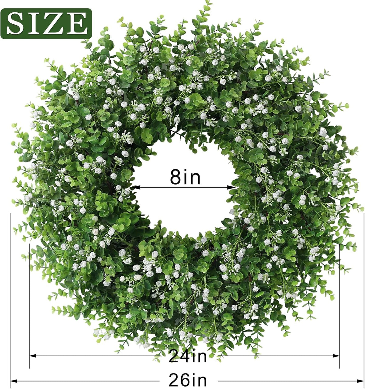 26" Artificial Eucalyptus Wreath with Baby's Breath for Front Door - Faux Eucalyptus Leaves, Fake Spring/Summer Greenery Flowers Wreath for Porch, Farmhouse, Wall, Window Outdoor Decor(White-Green)