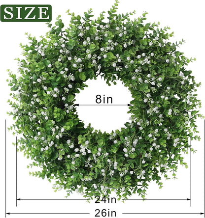 26" Artificial Eucalyptus Wreath with Baby's Breath for Front Door - Faux Eucalyptus Leaves, Fake Spring/Summer Greenery Flowers Wreath for Porch, Farmhouse, Wall, Window Outdoor Decor(White-Green)