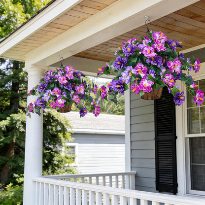 INXUGAO Artificial Flowers for Outdoors Indoors, 3 Bunches Fake Hibiscus with Hanging Basket Realistic UV Resistant Silk Flower Leaves, Faux Plant for Outside Home Patio Garden Poch (Purple, Fuchsia)