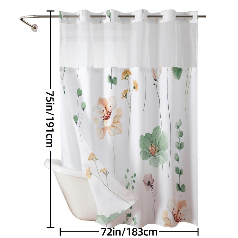 Ink and Wash Floral Double-Layer Shower Curtain, Hookless Country Style Decor, 72x75in