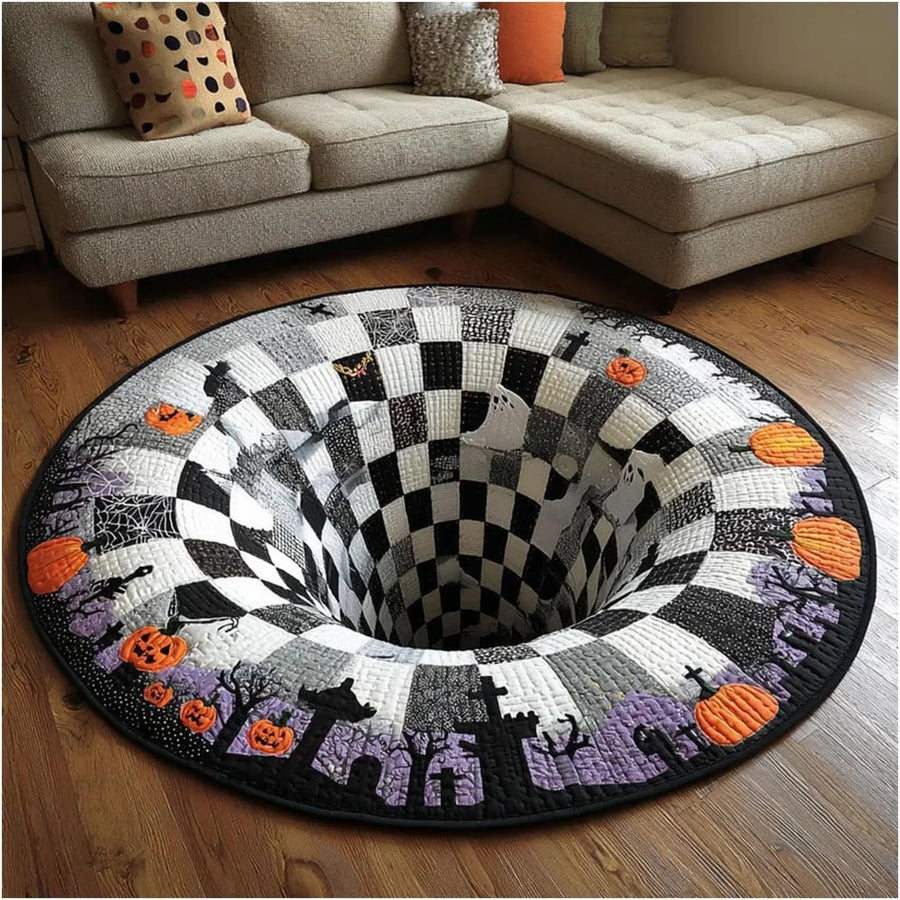 🔥🔥🔥3D Optical Illusion Skeleton Vortex Quilted Round Halloween Rug - Spooky Home Decor