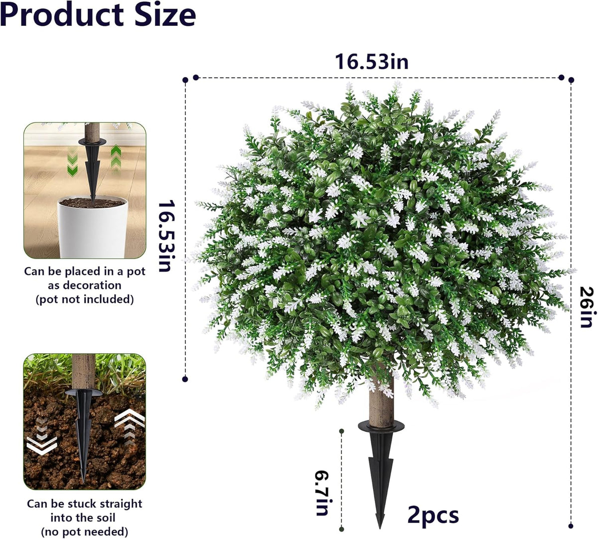 HyeFlora 26" Artificial Topiary Boxwood Ball Trees with Lavender 2 Pack Fake Plants for Outdoor Indoor Artificial Shrubs with Ground Spike UV Resistant Fake Bushes for Front Porch Garden (White)