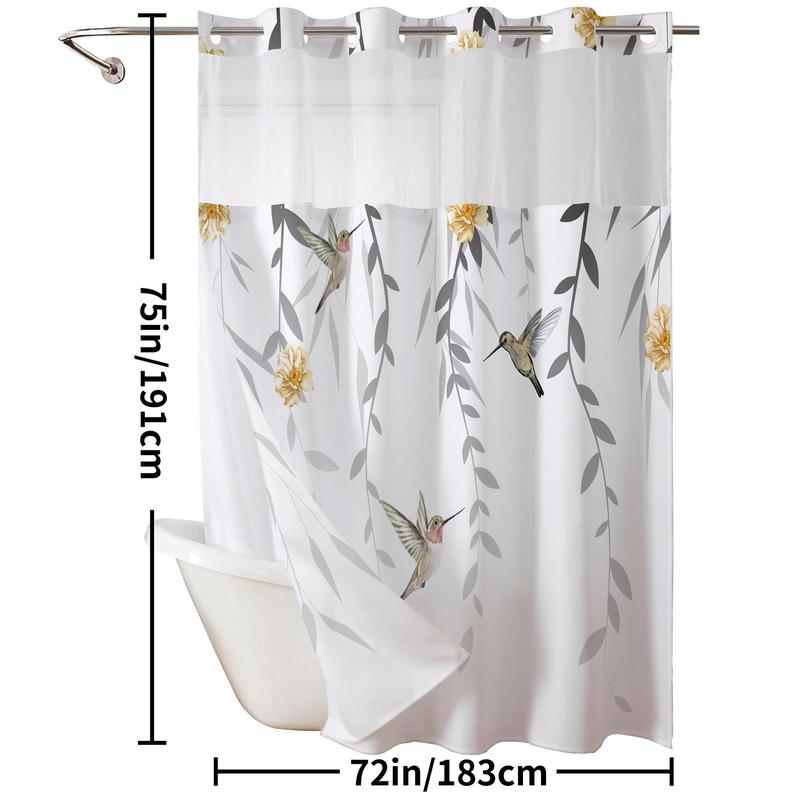 Ink and Wash Floral Double-Layer Shower Curtain, Hookless Country Style Decor, 72x75in