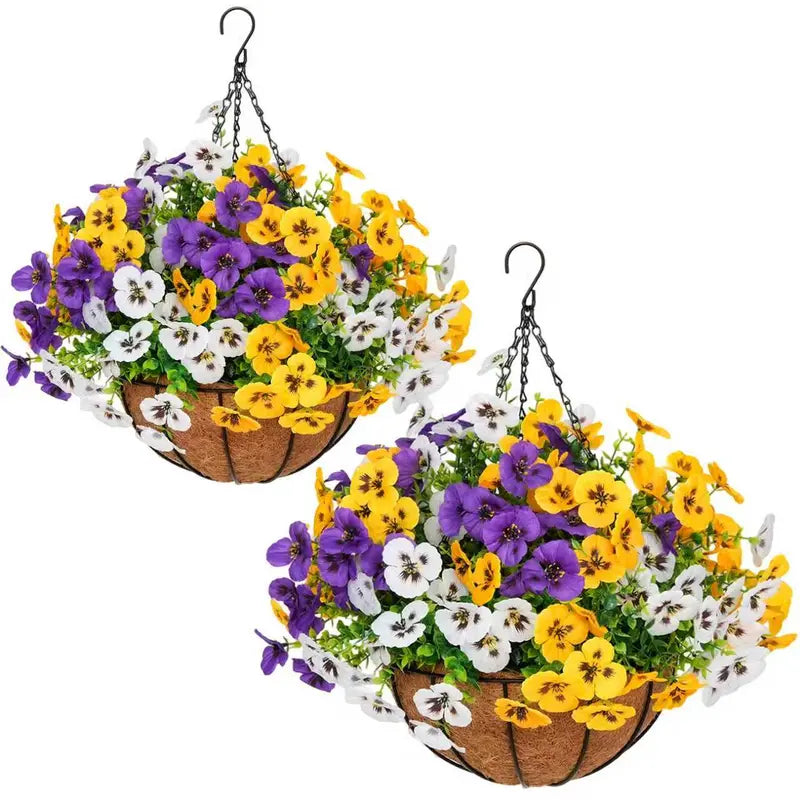 2 Pcs Autumn Pansy Artificial Hanging Flower Baskets for Front Porch, Garden and Patio Decor