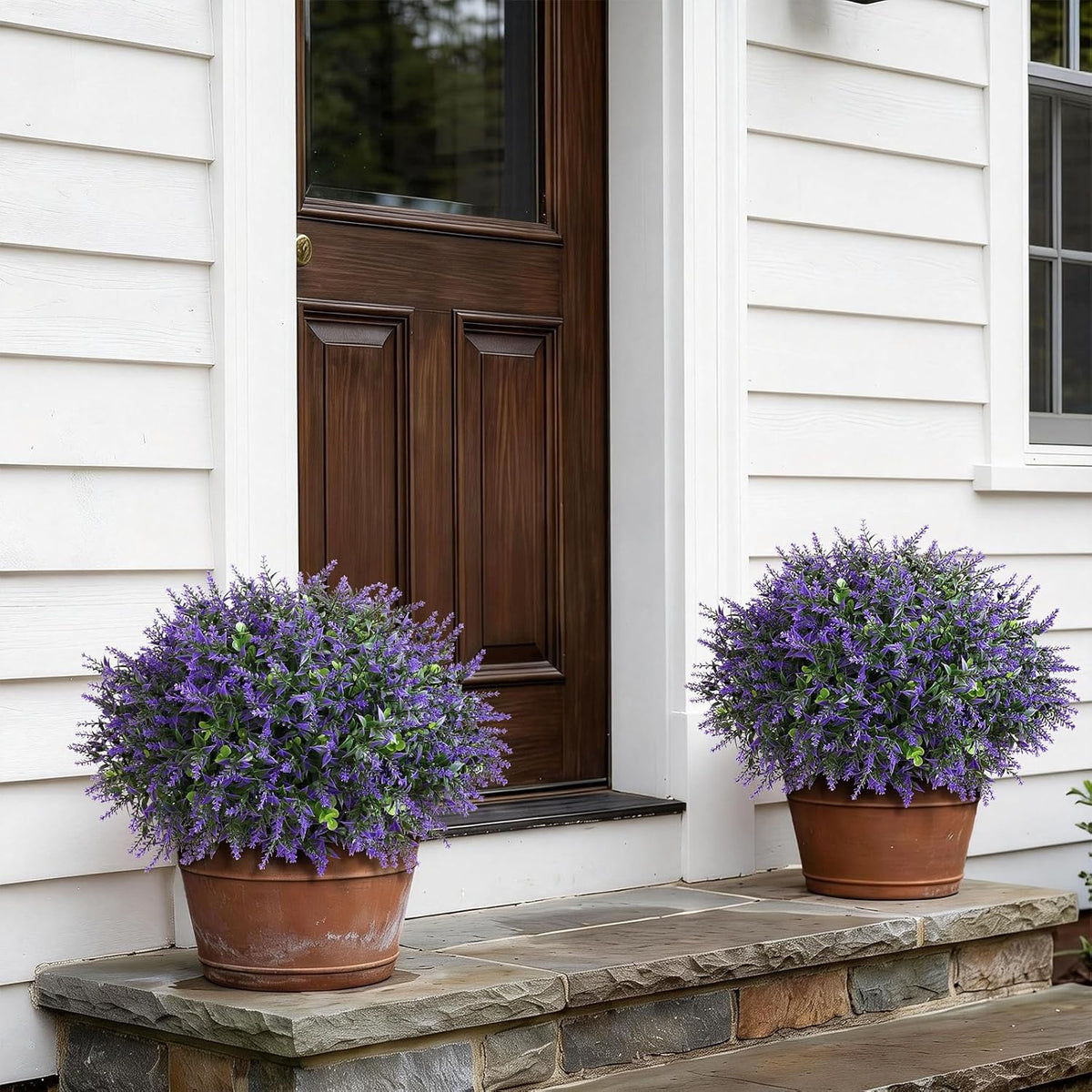 Set of 2 Artificial Eucalyptus Leaf & Lavender Topiary Trees for Front Door - UV Protection Faux Topiary Trees Fake Greenery Plant with Black Flowerpot for Farmhouse, Home, Outdoor Decor