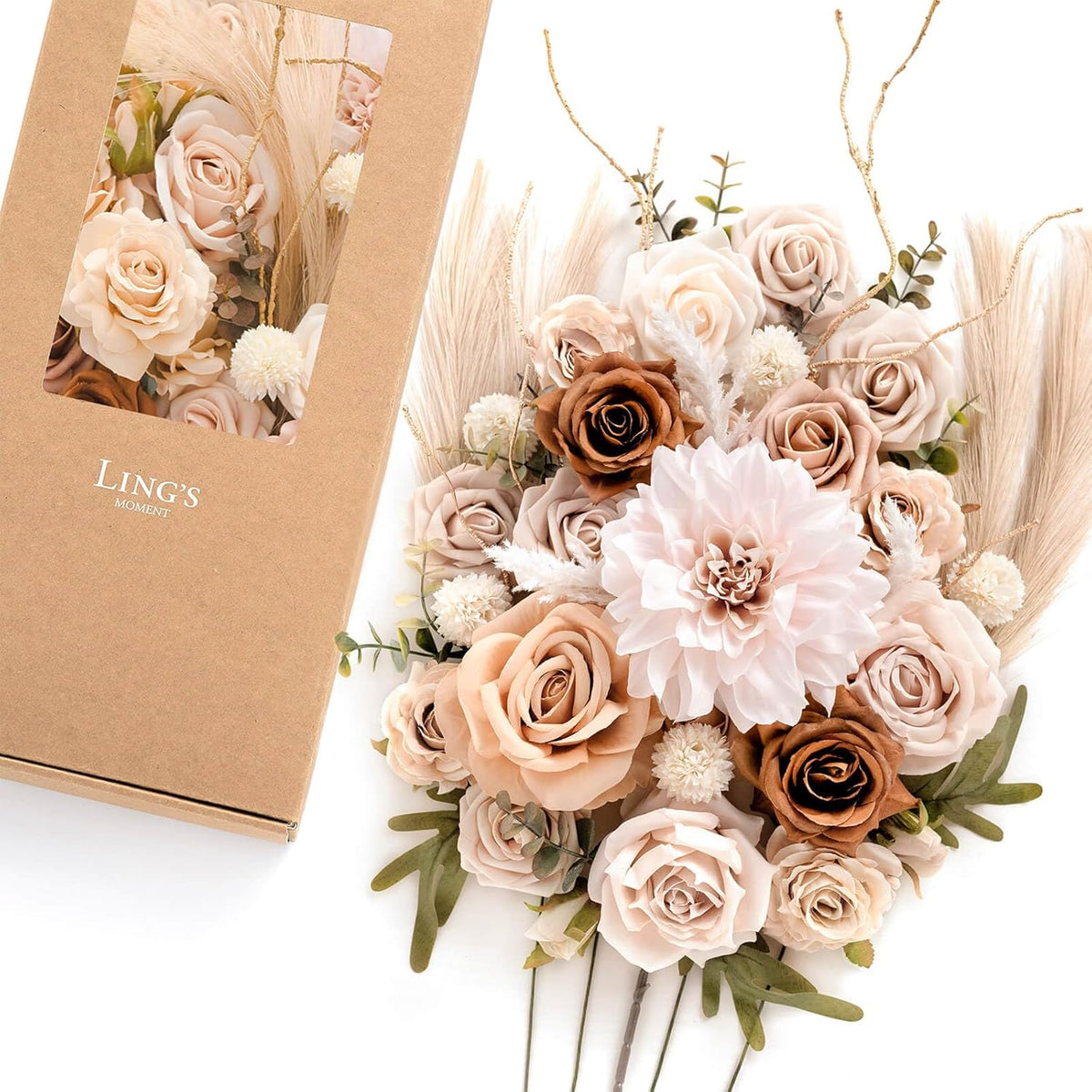 Ling's moment Fake Flowers Box, Faux Artificial Greenery Stems Foam Roses Silk Dahlia Pampas Grass Fabic Flower for Centerpieces Bouquet Wedding Vase Floral Decorations, Beige & Sepia, Deluxe Combo