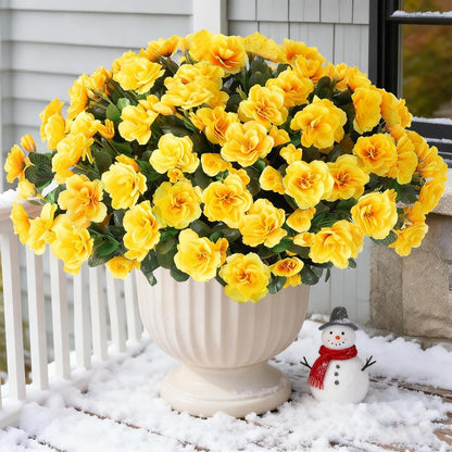 HyeFlora Artificial Fake Flowers Plants for Spring Outdoor Outside Decor, Faux Silk Yellow Camellia UV Resistant Realistic for Planter Front Door Porch Patio Balcony Decoration, 3 Large Bundles