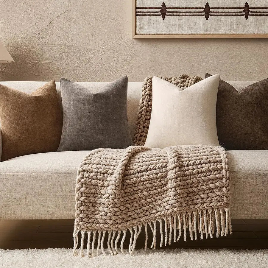 4Pcs Chenille Textured Throw Pillow Covers, Neutral Brown Solid Decorative Farmhouse Cushion Covers