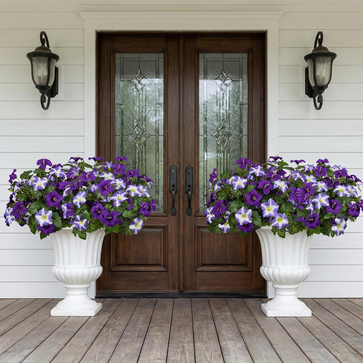Artificial Flowers for Outdoors, 10 Bundles Realistic Fake Outdoor Flowers, UV Resistant Silk Petunia Flower for Outside Look Real Faux Flower Plants for Outdoor Porch Decor, Purple White